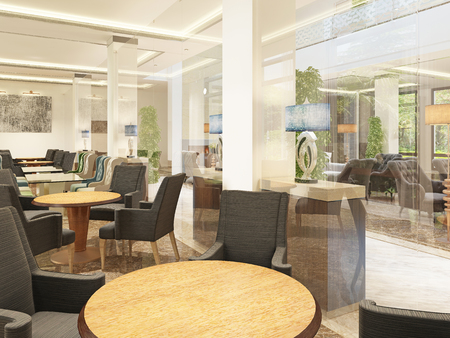 Luxury design breakfastroom in the building of the hotel. Wooden tables with brown chairs for four persons 3D render.の写真素材