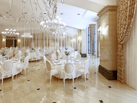 A Grand restaurant and a ballroom in a luxury hotel. The interior design is executed in classical style. 3D render.の写真素材