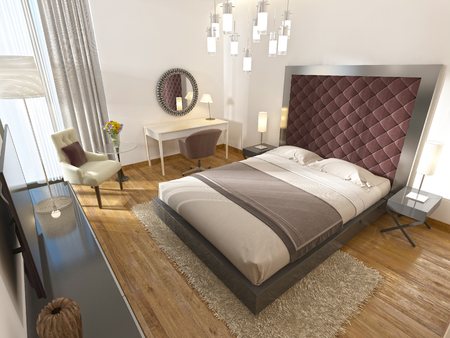 A luxury hotel room in art Deco. With a large bed, dressing table and TV unit. 3D render.の写真素材