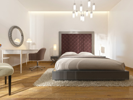 A luxury hotel room in art Deco. With a large bed, dressing table and TV unit. 3D render.の写真素材