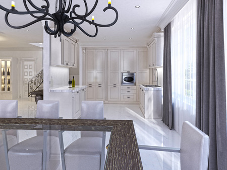 Classic white kitchen-dining room in the style of art Deco. Large dining table for eight modular kitchen with integrated appliances. 3D render.の写真素材