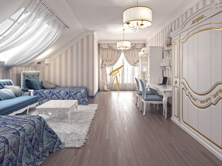 Luxury children room in classic style, with two beds and a storage system. 3D render.の写真素材