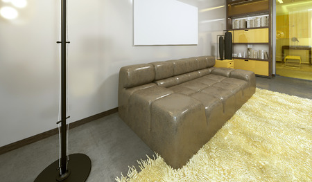 Urban leather sofa, brown color, modern living room with floor lamp. 3D render.の写真素材