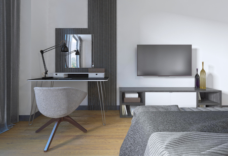 Dressing table and chair in a modern bedroom. The workspace is made in contemporary design. 3D render.の写真素材