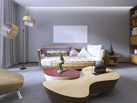 Modern beautiful colourful sofa designs. Living room and mockup poster on the wall. 3D render.
の写真素材