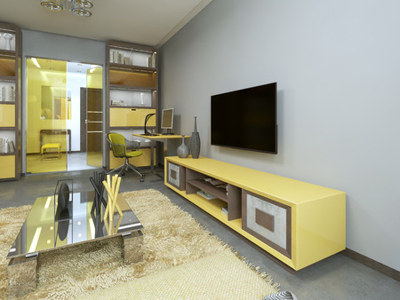TV unit in living room with yellow TV on the wall. 3D render.の写真素材