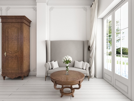 Art Deco sofa with a high back and two classic Cabinet with rack brown. 3D render.の写真素材