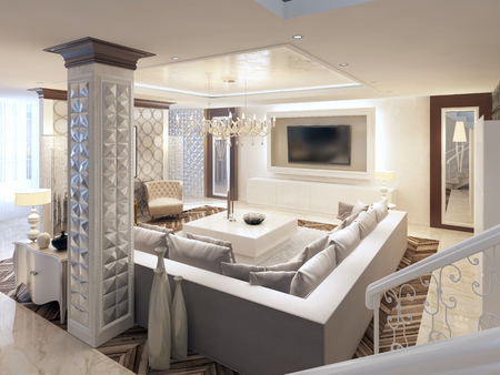 Luxury art Deco design bright living room with large corner sofa and two armchairs. 3D design.の写真素材