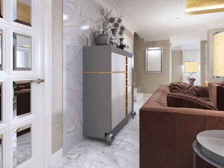 Silver Cabinet in the living room art Deco. Wardrobe with leather insets of white and Golden brown colors and niches for decor. 3D render.の写真素材