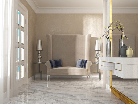 Sofa, high back art Deco, with two side tables and lamps. Entrance hall with a sofa and a mirror with shelf. 3D render.の写真素材
