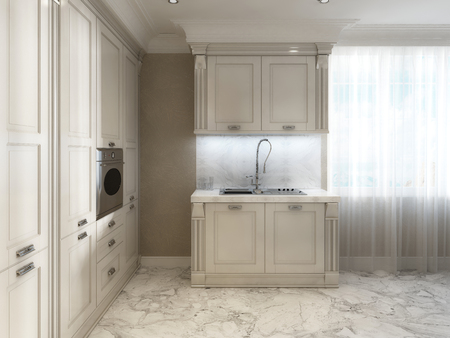 Classic kitchen with a Breakfast bar in ivory. 3D render.の写真素材