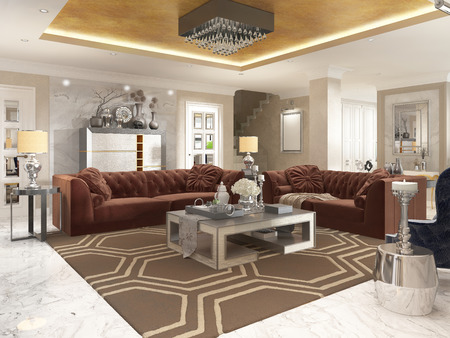 Living room in art Deco style with upholstered designer furniture. With a gold ceiling and walls in Venetian plaster. 3D render.の写真素材