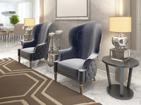 Two luxurious armchairs in the style of art Deco with a coffee table and the picture illuminated on the wall. Two bedside tables with large lamps. 3D render.の写真素材