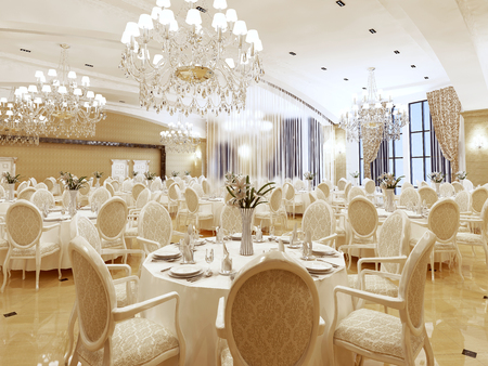 The ballroom and restaurant in classic style. Interior in yellow and beige colors. 3D render.の写真素材