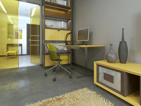 Workspace with table in modern living room. 3D render.の写真素材