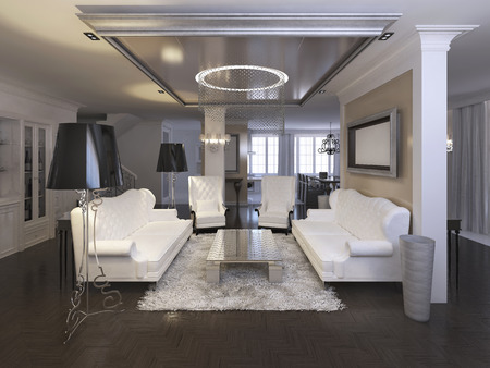 Luxurious living room design with white chairs and sofa. Silver hanging ceiling with chandelier and black floor lamps. 3D render.の写真素材