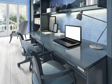 One Desk for two seats in a modern nursery. Storage and shelves with decor and books. 3D render.の写真素材