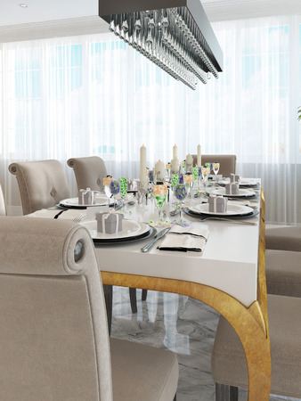 Beautifully decorated table and chairs for eight people. White table with Golden legs and rectangular chandelier in black. 3D render.の写真素材