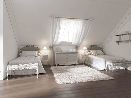 Luxury children's room for two children in art Deco style. The design is made in white and pastel colors. 3D render.の写真素材