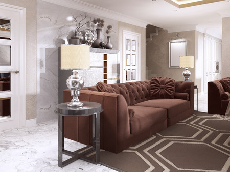 Maroon sofa with black side tables and table lamps. Burgundy sofa living room style art Deco. 3D render.の写真素材