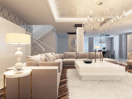 Luxury art Deco design bright living room with large corner sofa and two armchairs. 3D design.の写真素材