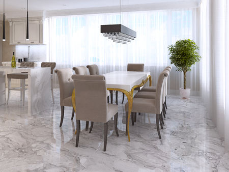 Large dining table for eight in the style of art Deco. White Desk with gold legs and a soft fabric chairs in beige. 3D render.の写真素材
