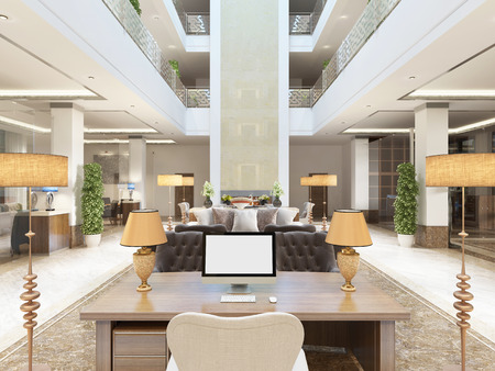 Luxury interior design lounge area of the hotel. Expensive upholstered furniture with tables and floors with hotel rooms. 3D render.の写真素材