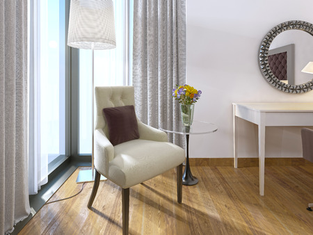 Modern comfortable chair with a table and lamp in a hotel room of art Deco. 3D irender.の写真素材