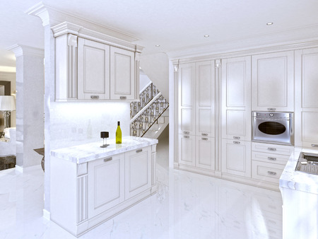 Spacious white kitchen in the art Deco style with integrated appliances. 3D render.の写真素材