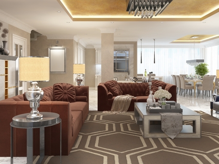 Luxury designer apartment-studio in art Deco style. Living area blending smoothly into the dining room and kitchen. The Golden ceiling and the marble white floor. 3D render.の写真素材