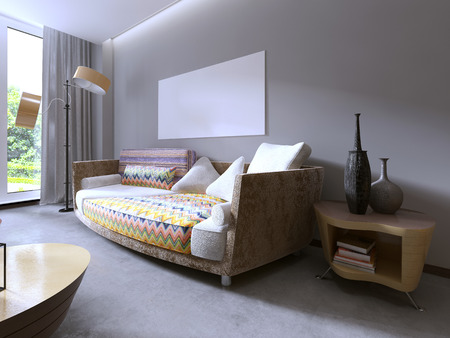 Modern beautiful colourful sofa designs. Living room and mockup poster on the wall. 3D render.の写真素材