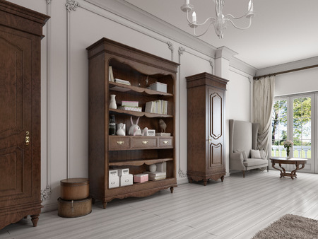 Two classic wardrobe and shelving brown colors with books and decor. The furniture in the nursery. 3D render.の写真素材