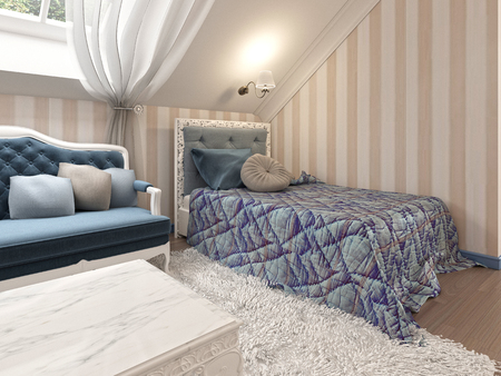 Children's bed in a children's classic with a soft blue blanket and sofa near. 3D render.の写真素材