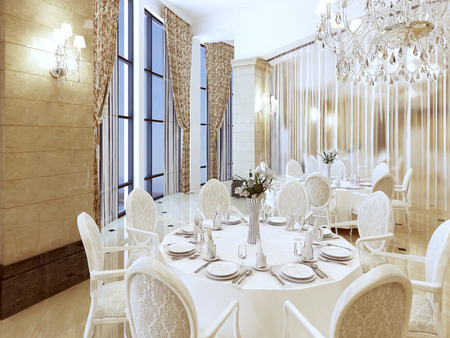 Enjoy a luxurious white restaurant table 3D renderの写真素材