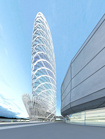 The futuristic architecture of the future, made of glass and steel. 3D renderの写真素材