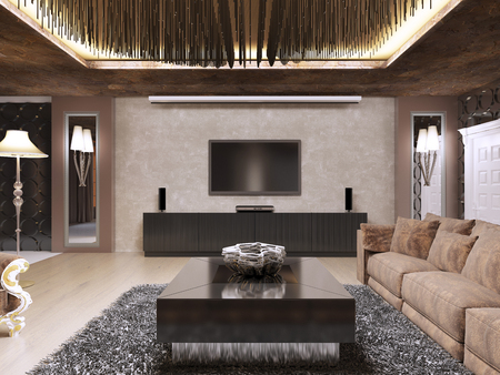 TV unit in luxury living room designed in modern style. The design is made in brown and yellow color. 3D render.の写真素材