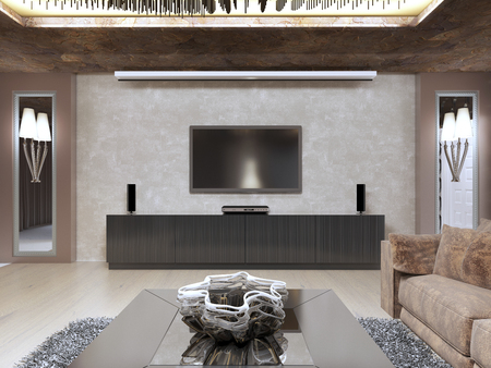 TV unit in luxury living room designed in modern style. The design is made in brown and yellow color. 3D render.の写真素材