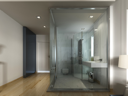 A luxury hotel room in a contemporary design with glass and see-through bathroom. 3D render.の写真素材