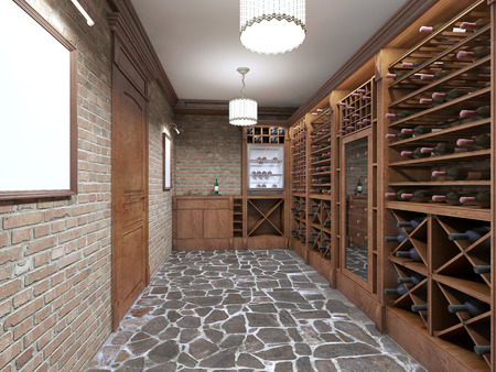 Wine cellar in the basement of the house in a rustic style. Open wine racks with bottles. 3D render.の写真素材
