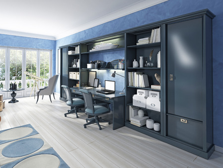 Children's furniture storage system with two built-in desks. Children's has a modern design in blue. 3D render.の写真素材