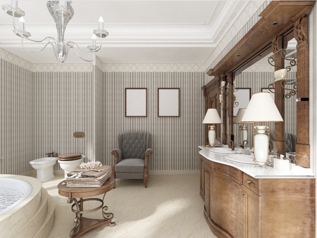 Bathroom in luxury neo-classical style with sinks tubs and a large round bath with marble steps. A comfortable chair for relaxing. 3D render.の写真素材