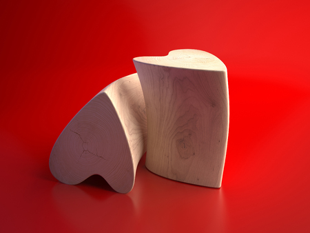Two wooden hearts on a red background. Hearts on a red background, symbolizing love. Heart cut out of wood. 3d renderの写真素材