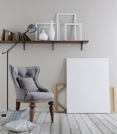 Mock up poster background retro interior in loft style. Beige and brown. 3D render.の写真素材