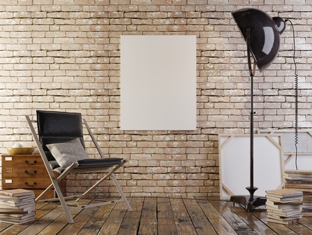 Mock up poster with vintage hipster loft interior background. In yellow, brown and red tones.  3D renderの写真素材