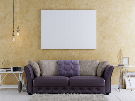 mock up blank poster on the wall of modern livingroom, 3D renderの写真素材