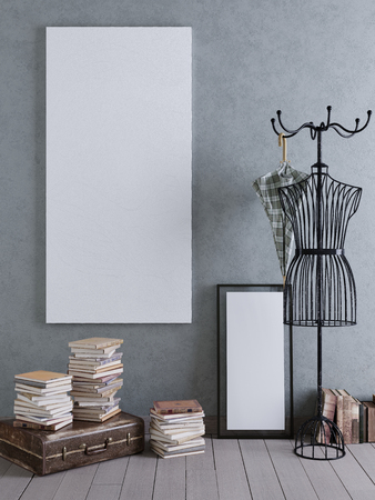 mock up posters with retro hipster hallway hall interior background. Grey and white colors. 3D renderの写真素材
