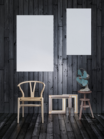 mock up poster frame in black wooden concept exterior background, 3D renderの写真素材