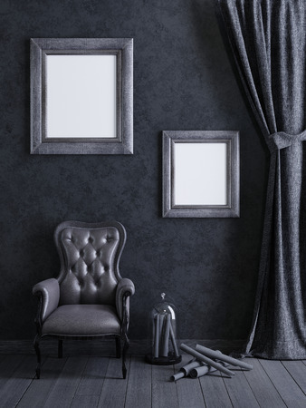mock up poster frame in grey concept interior background, 3D renderの写真素材