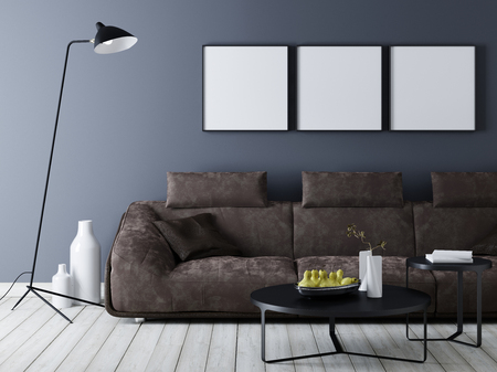 Modern interior with mockup poster on the wall. Brown leather sofa with three posters on the wall. 3D render.の写真素材