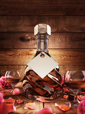 The decanter of brandy with two glasses. Label mockup poster Countess. On the table are scattered rose petals. 3D render.の写真素材